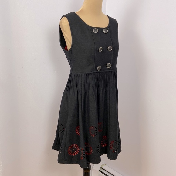 Double Breasted Empire A-line Black Wool Blend Die-cut Red Hem Dress Size 6 - Picture 2 of 16